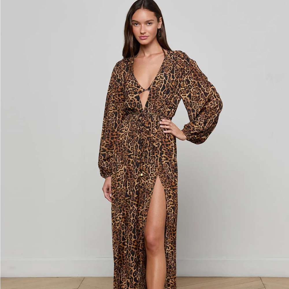 L'AGENCE Sara Maxi Cover-Up Dress In Brown Patch Leopard size Small